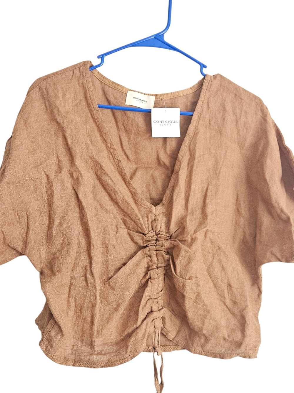 NWT Conscious Coterie Drawstring V-Neck Linen Top Size M